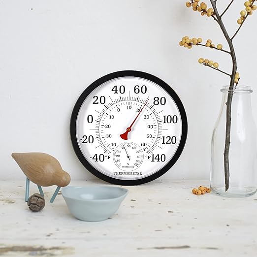 10.5 Inch Indoor Outdoor Thermometer Large Numbers - Weather Thermometer Hygrometer Waterproof, No Battery Needed Outdoor Thermometers for Patio, Home, Garden Decoration (Black)