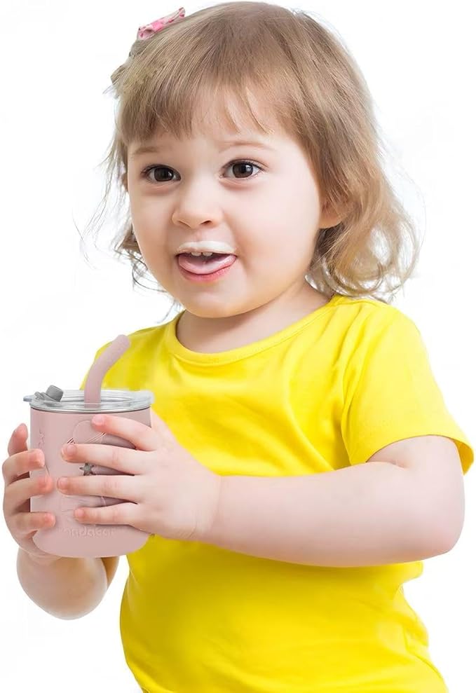 PandaEar Stainless Steel Baby Feeding Set | 2 Divided Suction Plates, 2 Spill-Proof Straw Cups with Silicone Sleeves, 2 Forks & 2 Spoons | Toddler Utensils for Baby Led Weaning, BPA-Free