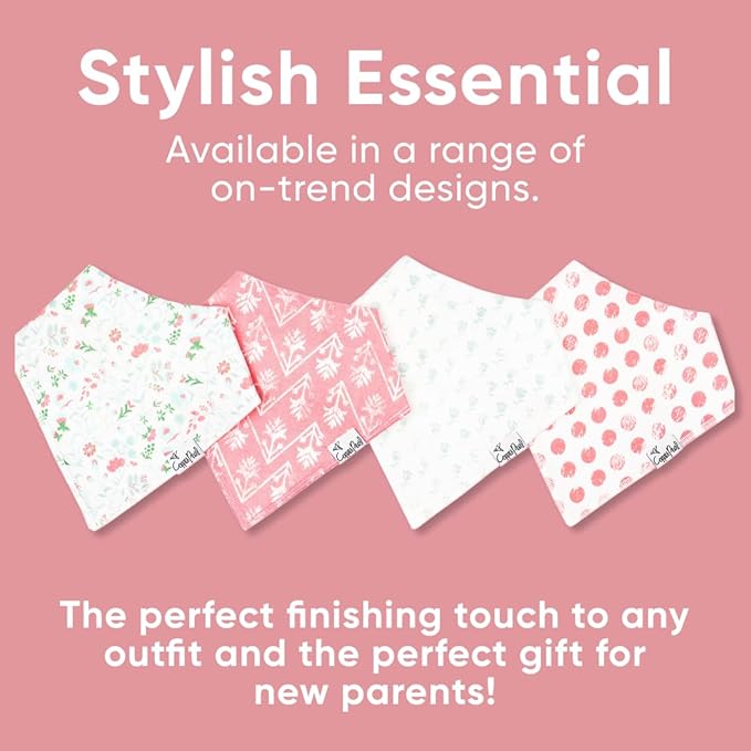 Copper Pearl 4 Pack Soft Cotton Baby Bibs for Drooling and Teething, Absorbent Drool Bibs for Baby Girl, Adjustable to Fit Newborns to Toddlers, Tons of Styles (Claire Set)