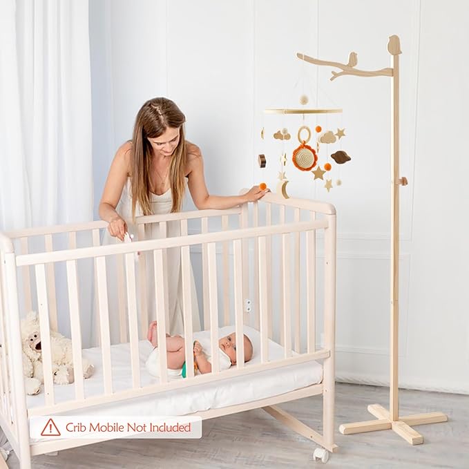 Floor Standing Crib Mobile Arm 57.8 Inch Wooden Baby Mobile Arm for Crib Movable Baby Mobile Hanger with Hook Anti-Dumping Baby Mobile Holder Floor Stand Nursery Decor