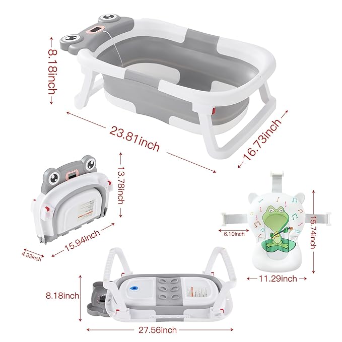 Foldable Baby Bathtub with Cushion & Water Thermometer and Drain Hole, Portable Durable Foldable Baby Bath Tub for Newborn Infants 0-36 Months (Grey)
