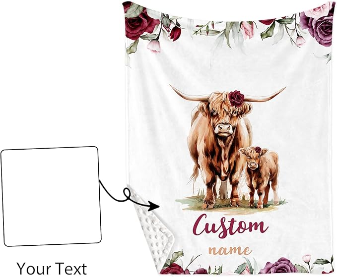 Personalized Nursery Crib Bedding Set: Custom Name 5 Piece Baby Crib Sets with Rose Highland Cow Pattern - Toddler Double Layer Blanket Set, Comfortable Crib Bed Sheets for Baby Grils