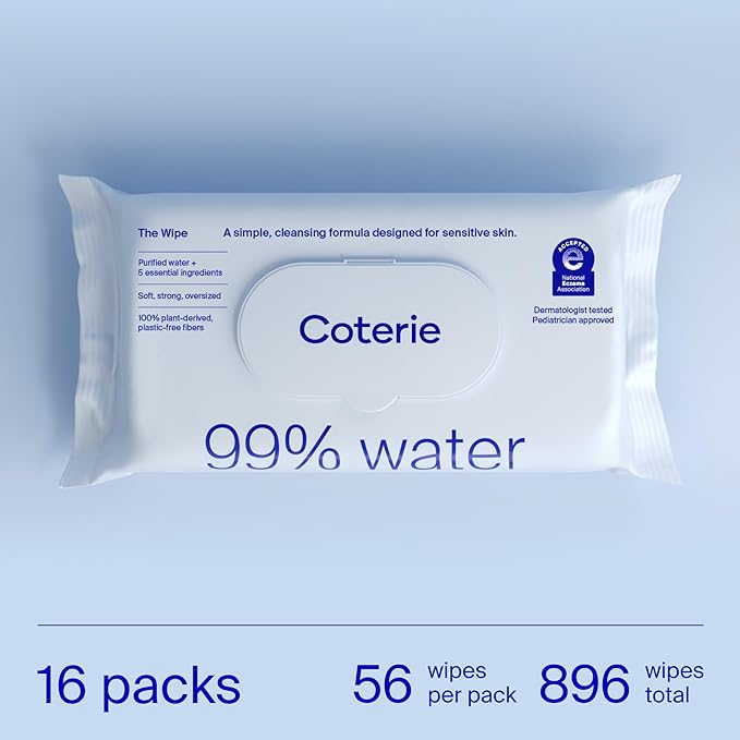 Coterie Baby Wipes for Sensitive Skin, Plant-Based and Plastic-Free Fibers, 99% Water, Hypoallergenic, pH Balanced, Unscented, Clean and Gentle Baby Essentials, 16 Pack, 896 Count