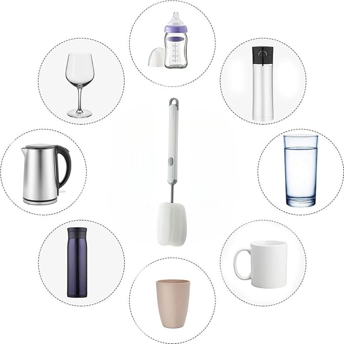 Bottle Brush Long Handle Cup Cleaner Brush Sponge Bottle Scrubber Detachable Handle Portable Sponge Cleaning Brush for Cups Wine Glasses Water Bottles Baby Bottles and Vacuum Flasks (White)