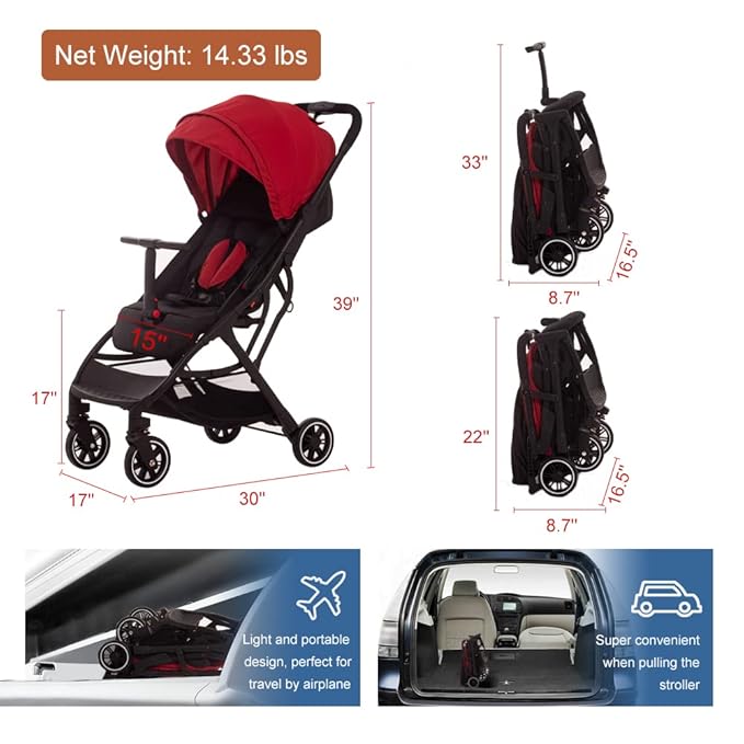 COOL KIDS Portable Stroller with Automatic Fold,Lightweight Umbrella Stroller with Pop Out Sun Canopy,Compact Stroller for Travel(red)