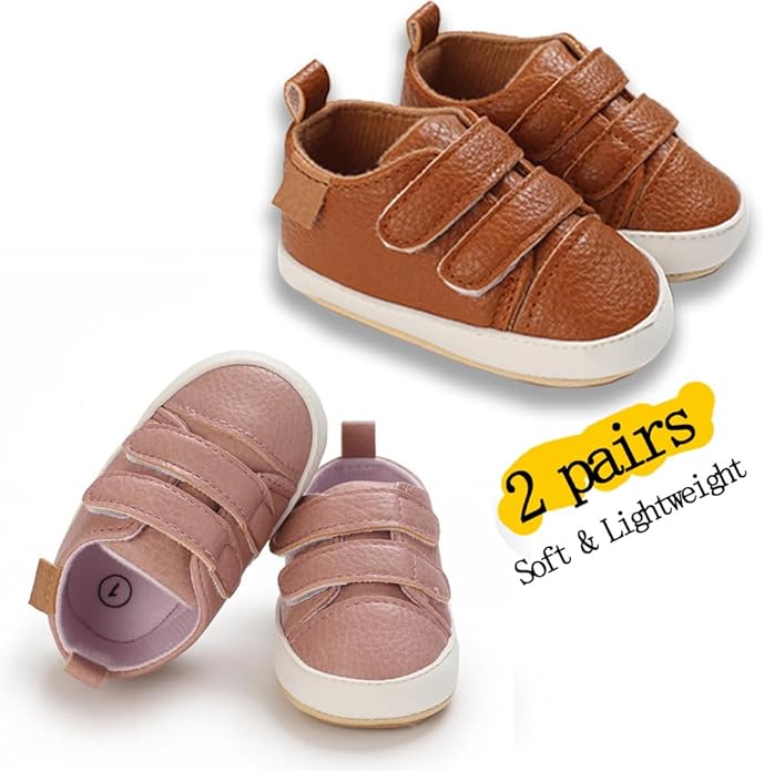 2Pairs Baby Shoes,Boys Girls Non-Slip Rubber Sole Sneakers,Unisex Infant Soft Lightweight First Walking Crib Shoes