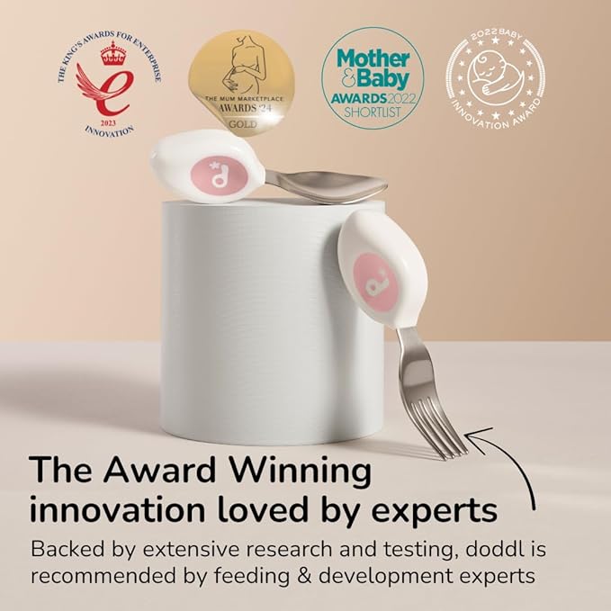 doddl Toddler Utensils, Ergonomic Fork and Spoon Set for Self Feeding, Stainless Steel Silverware for 1-3 Year Olds, BPA Free, Dishwasher Safe (Dusky Rose)