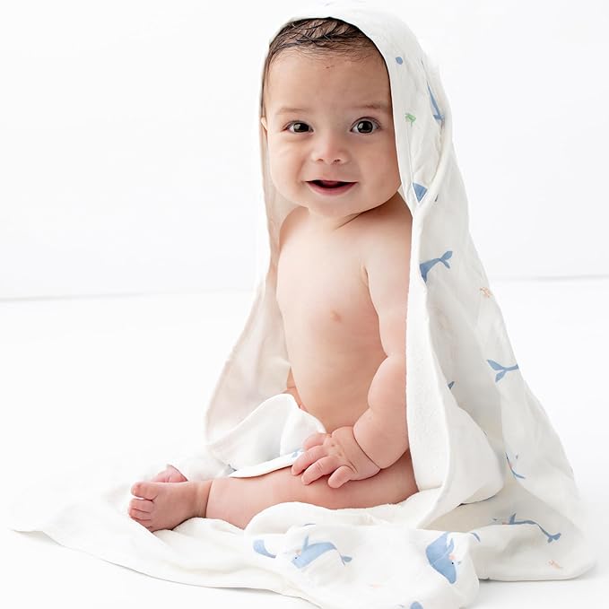 Bamboo Viscose Baby Hooded Towel & Washcloth Set for Babies and Toddlers, Soft & Absorbent, 70% Viscose from Bamboo, 30% Cotton Muslin - Imported (Whale)