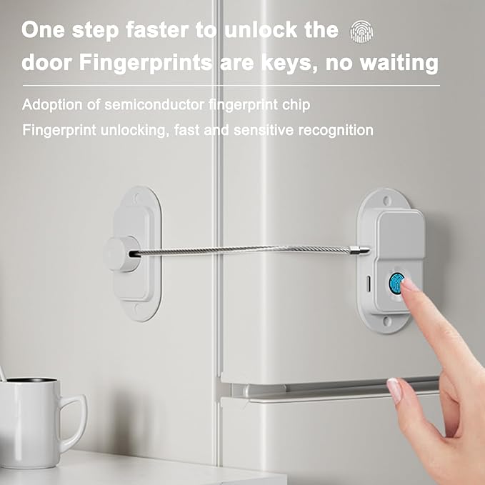 Fingerprint Fridge Lock, Refrigerator Lock with Fingerprint, for Fridge, Cabinet Locks, Drawers, Dishwasher, Toilet and Cabinet Locks Baby Proofing, 3M Adhesive No Drilling (Black)