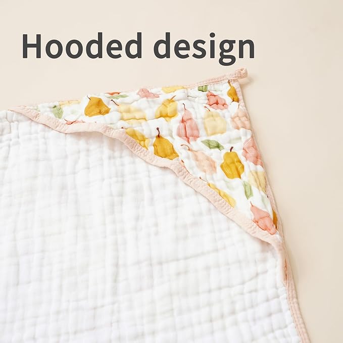 Muslin Hooded Baby Towels,2 Pack Baby Bath Towels,Large 31.5x31.5Inch,Hooded Towels for Baby and Infant,Soft&Absorbent(Strawberries and Pears)