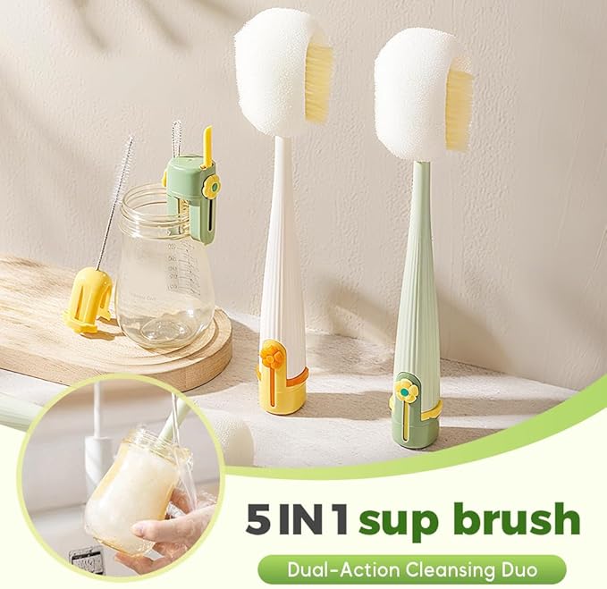 5 in 1 Bottle Cleaning Brush Set, 2025 Multifunctional Lid Brush Cleaning Tool Kitchen, Portable Long Handle Bottles Scrubber for Cup Lids, Hard Bristle Sponge Head Bottle Brushes (Green and White)