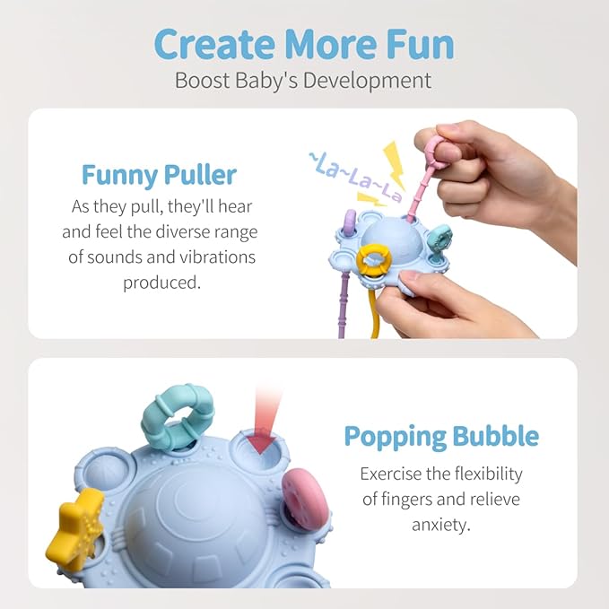 Montesorri-Toys - Pull String Toys for Baby - Made of 100% Food Grade Silicone with Built-in Rattle Function and Easy to Clean Design (Blue)