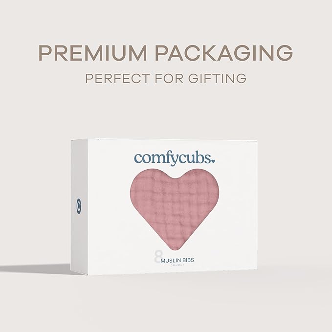 Comfy Cubs Muslin Bibs for Babies, Pack of 8 - Soft and Highly Absorbent, Feeding, Drool and Teething Bib, Adjustable Snaps - Stylish & Colorful Unisex Designs, Giftable Set - Mauve