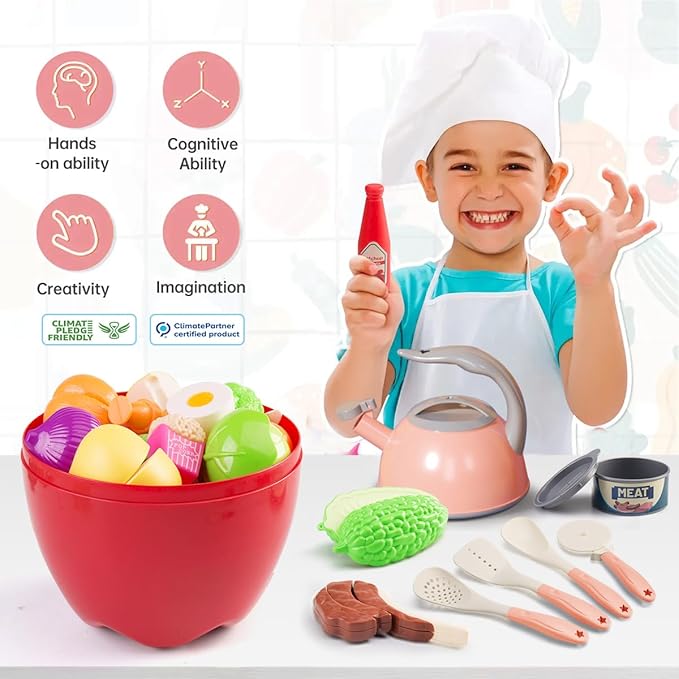 100Pcs Kitchen Playset, Kids Pretend Cooking Play Pots, Pans, Utensils, Cookware, Toy Food Fruits Veggies, with 2 Large Apple - Shaped Storage, Toddler Cooking Learning Gift(Pink)