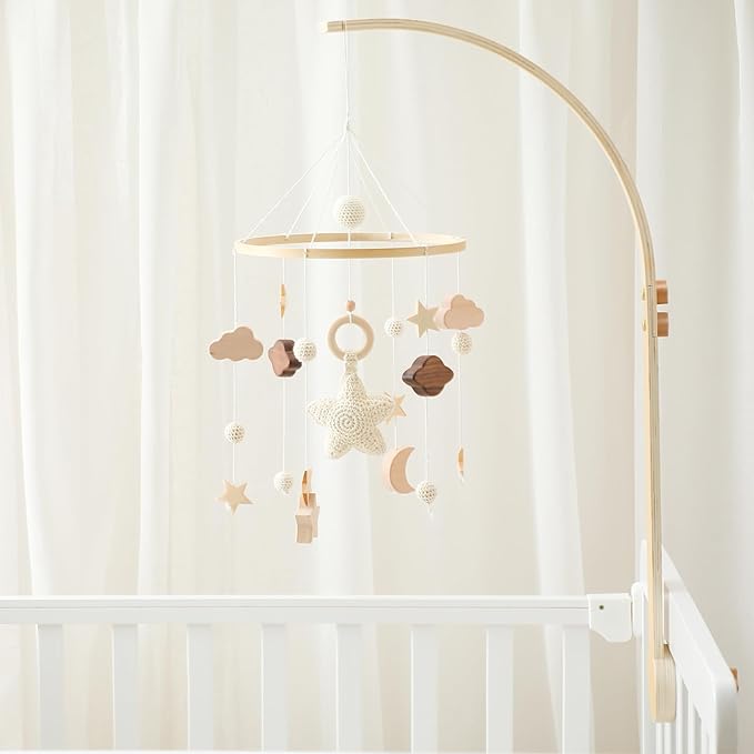 let's make Baby Crib Mobile with Arm Boho Star Moon Nursery Mobile Set Wooden Baby Mobile Holder for Hanging Nursery Decor Ceiling Mobile