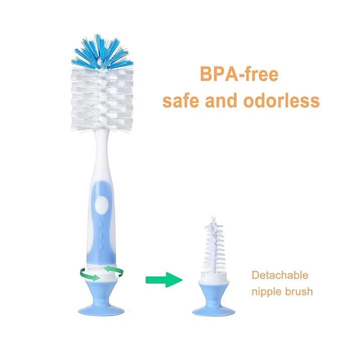 Chemimoso Multifunctional Cleaning Brush, Baby Bottle Brush, Bottle Brush Cleaner, Rotate The Suction Cup to Obtain The Small Bristle Brushes, Set X, Blue, Nylon and Nylon Brush