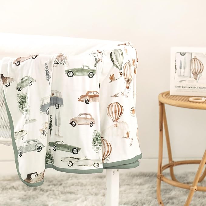 GRSSDER Baby Swaddle Blankets 2 Pack, Super Soft Jersey Knit Reversible Quilt for Baby Girls and Boys, Double Layer Receiving Blankets 34 x 44 Extra Large for Swaddling, Cars & Balloons