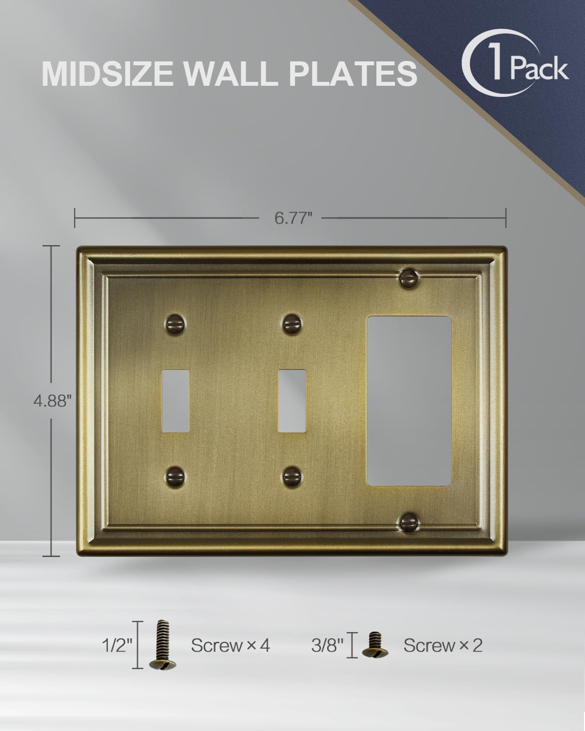 Antique Brass Combination 2 Toggle and 1 Decorator Wall Plates, 1-Pack Metal Switch Plates and Outlet Covers, 3-Gang, 6.77''*4.88'', Midsize