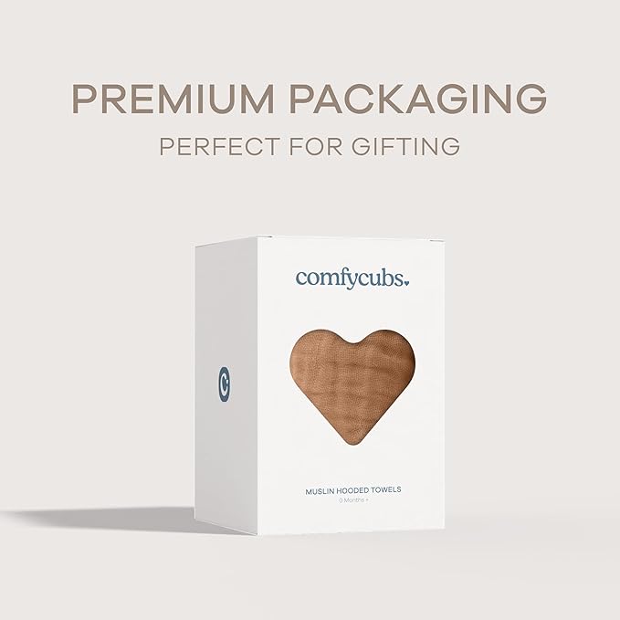 Comfy Cubs Baby Hooded 9 Layer Muslin Cotton Towel for Kids, Large 32” x 32”, Ultra Soft, Warm, and Absorbent. Baby Essentials Bath Towels, Cute Unisex Cover for Girls and Boys (Pack of 1, Caramel)