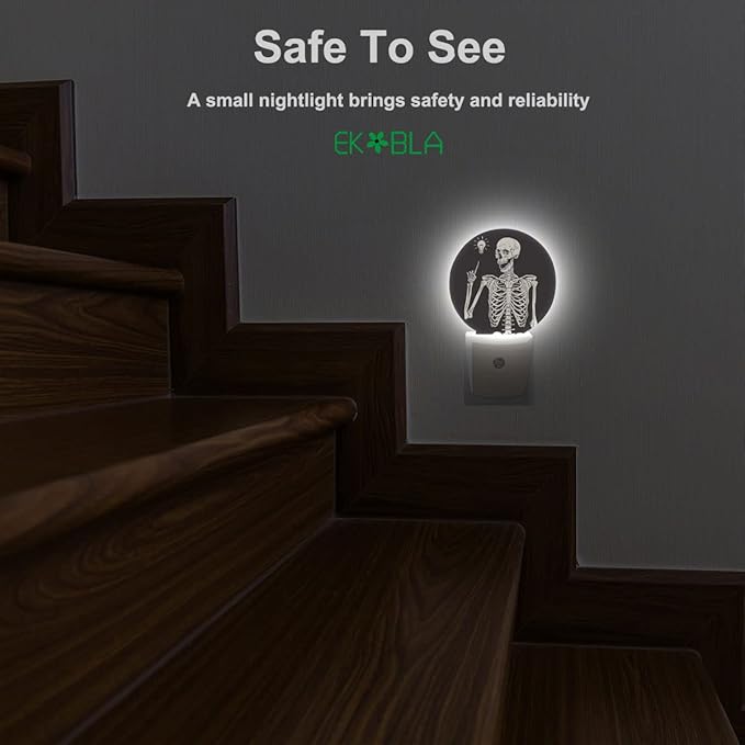 EKOBLA Funny Skull Night Light Human Skeleton Posing Rock Music Pose Black White Night Lights Plug into Wall Auto on/Off Led Lamp for Boys Girls Men Women Halloween Holiday Gifts