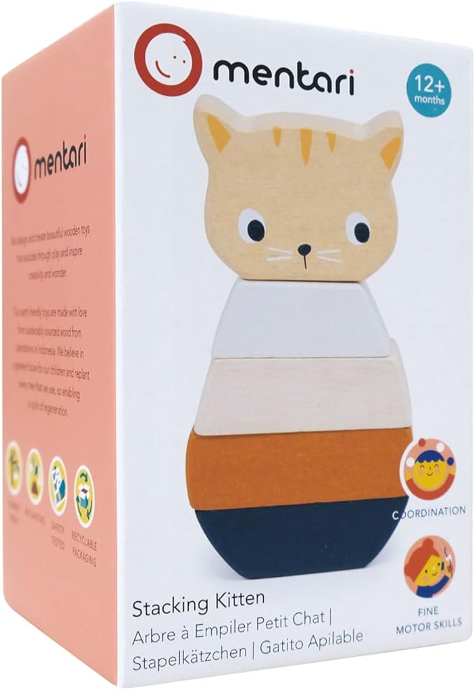 Mentari Toys - Stacking Kitten - 5pcs Wooden Animal Stacker Toddler Toy - Natural Wood Stacking Blocks - Boost Fine Motor Skills - Toddler Educational Toy - Age 12m+