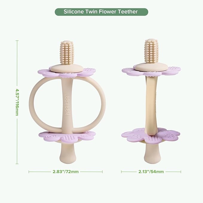 haakaa Silicone Twin Flower Teether,Nipple-Shaped End for Gum Massage,360Β° Baby Toothbrush Head for Self-Brushing Training,Easy to Grip - Lavender