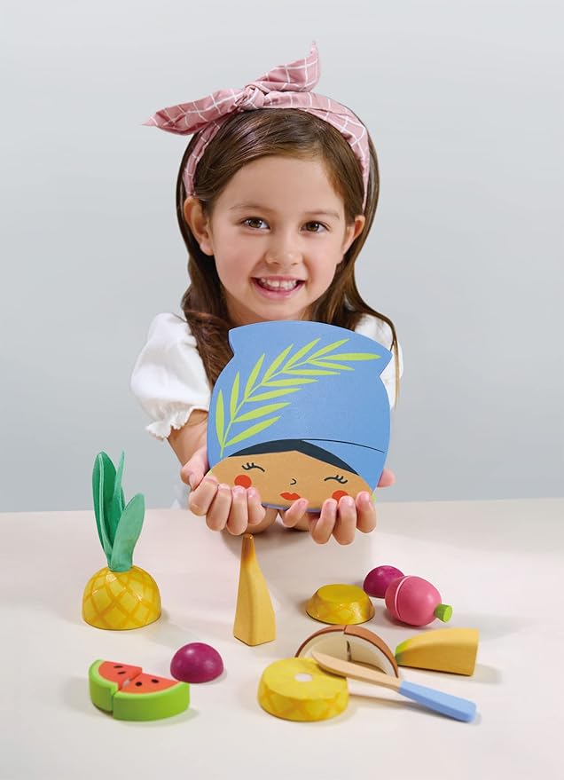 Tender Leaf Toys - Tropical Fruit Chopping Board - Wooden Play Food Set with 6 Choppable Fruits, Wood Knife and Illustrated Board - Improves Fine Motor Skills - Age 2+