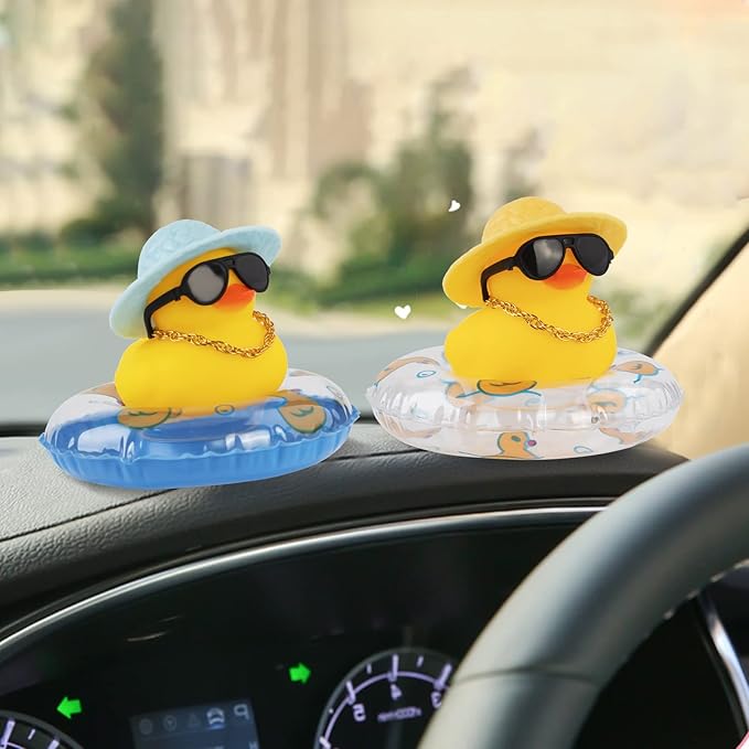 wonuu Car Rubber Duck, Yellow Duck Decoration Dashboard with Sun Hat Swim Ring Necklace Sunglasses for Car Dashboard Decorations
