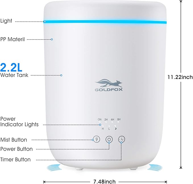 Cool Mist Humidifiers for Bedroom with Night Light, 2.2L Top Fill Small Humidifiers for Plants Indoor, 28dB Quiet Ultrasonic Air Vaporizer with 360° Nozzle, Easy Fill and Clean Safety Shut-off