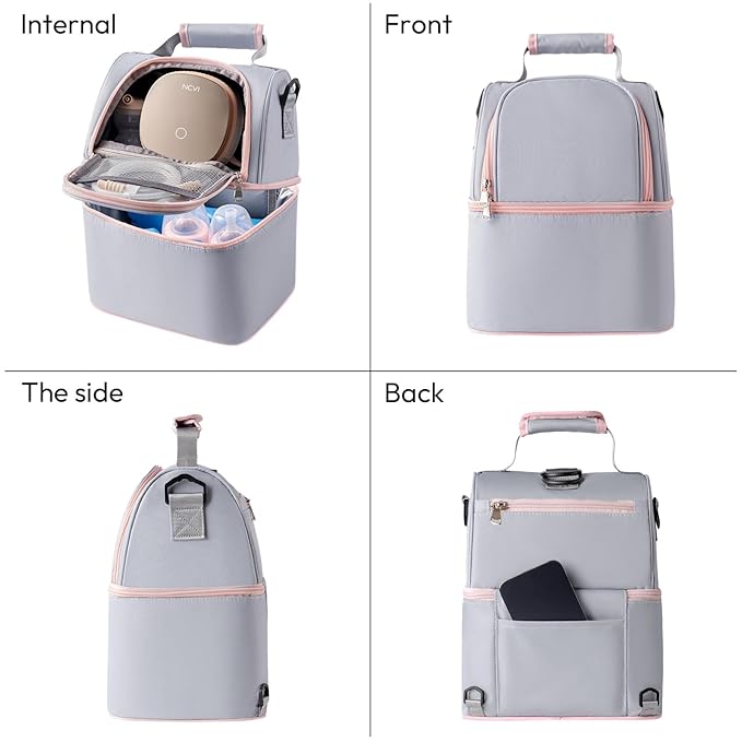 NCVI Breastmilk Cooler Bag with 2 Ice Pack, Breast Pump Bag with Cooler Fits 6 Bottles, Double Layer Breast Milk Baby Bottle Cooler Bag, for Travel, Nursing Mom Daycare, Work, Picnic (Grey)