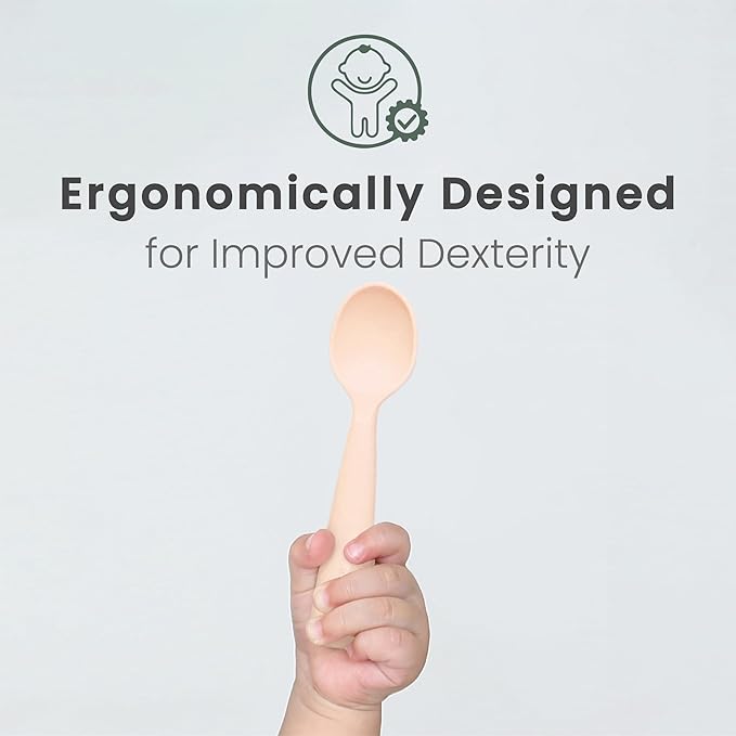 Miniware Silicone Baby Spoon for Training - BPA Free Baby Utensils - Baby Spoons Self Feeding 6 Months | 100% Food Grade Silicone - Modern & Dishwasher Safe Toddler Spoons (Grey and Peach, 2 Pack)