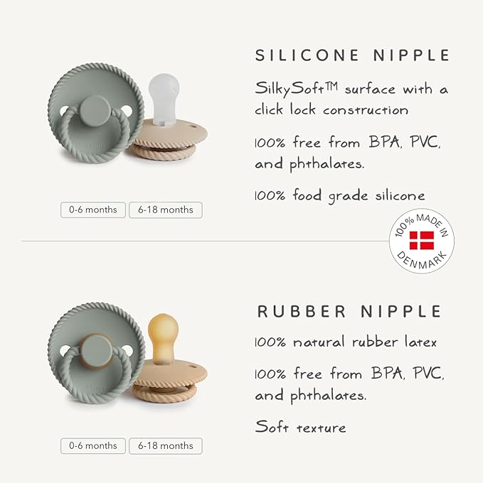 FRIGG Rope Natural Rubber Baby Pacifier | Made in Denmark | BPA-Free (French Gray/Silver Gray, 6-18 Months)