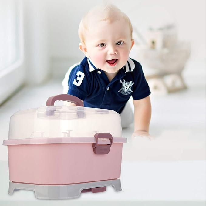 NUOBESTY Portable Baby Bottle Storage Organizer with Cover, Pink Milk Bottle Drying Rack Box for Home and Travel Use, 13.77 X 9.84 X 9.84 Inches