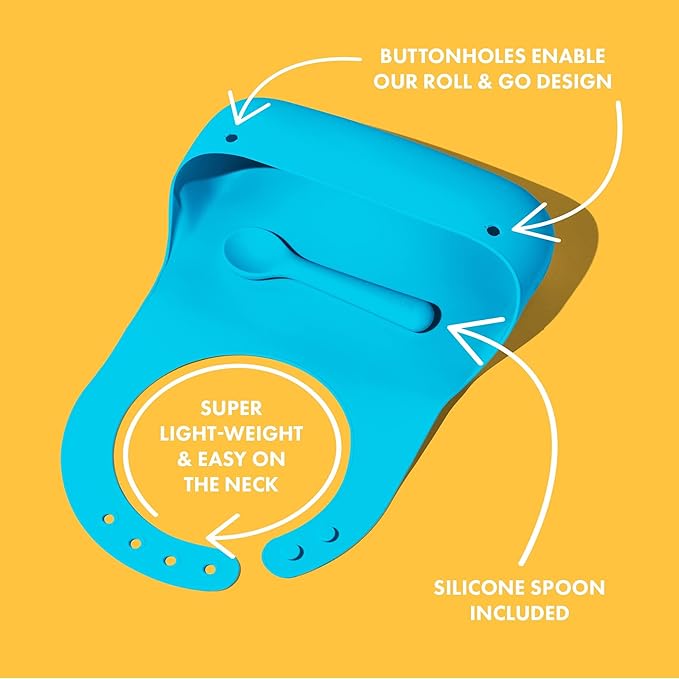 Avanchy Silicone Baby Bibs, Waterproof, Adjustable, BPA Free, Soft Unisex Set for Toddlers with Matching Spoon