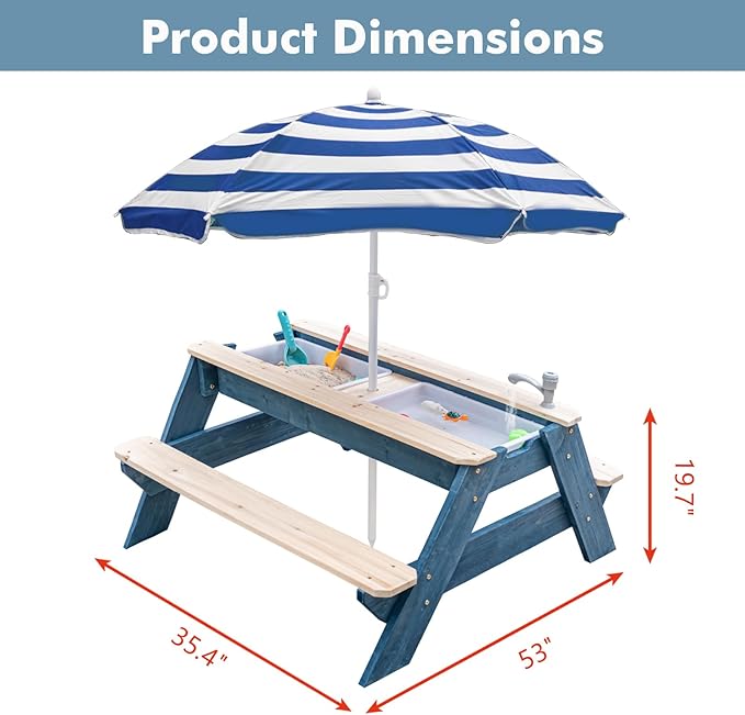 Kids 3-in-1 Sand & Water Activity Table, Wood Outdoor Convertible Picnic Table, 2 Play Boxes, Removable Top with Faucet, Picnic Table for Outdoor Backyard Patio Play (Blue/Navy)