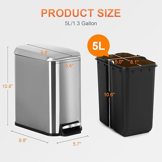 PayLessHere 1.3 Gallon Trash Can Kitchen Trash Can Stainless Steel Garbage Can with Removable Plastic Inner Bucket Lid Foot Pedal for Home Kitchen Bedroom Bathroom (1, Stainless Steel)