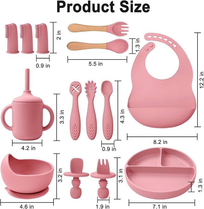 LITTLE RAWR Silicone Baby Feeding Set 14 Pcs,Baby Led Weaning Supplies, Baby Spoons Suction Bowl Divided Plate Bib Cup Finger Brush,First Stage Solid Food Eating Utensils - 6+ Months(Deep Red)
