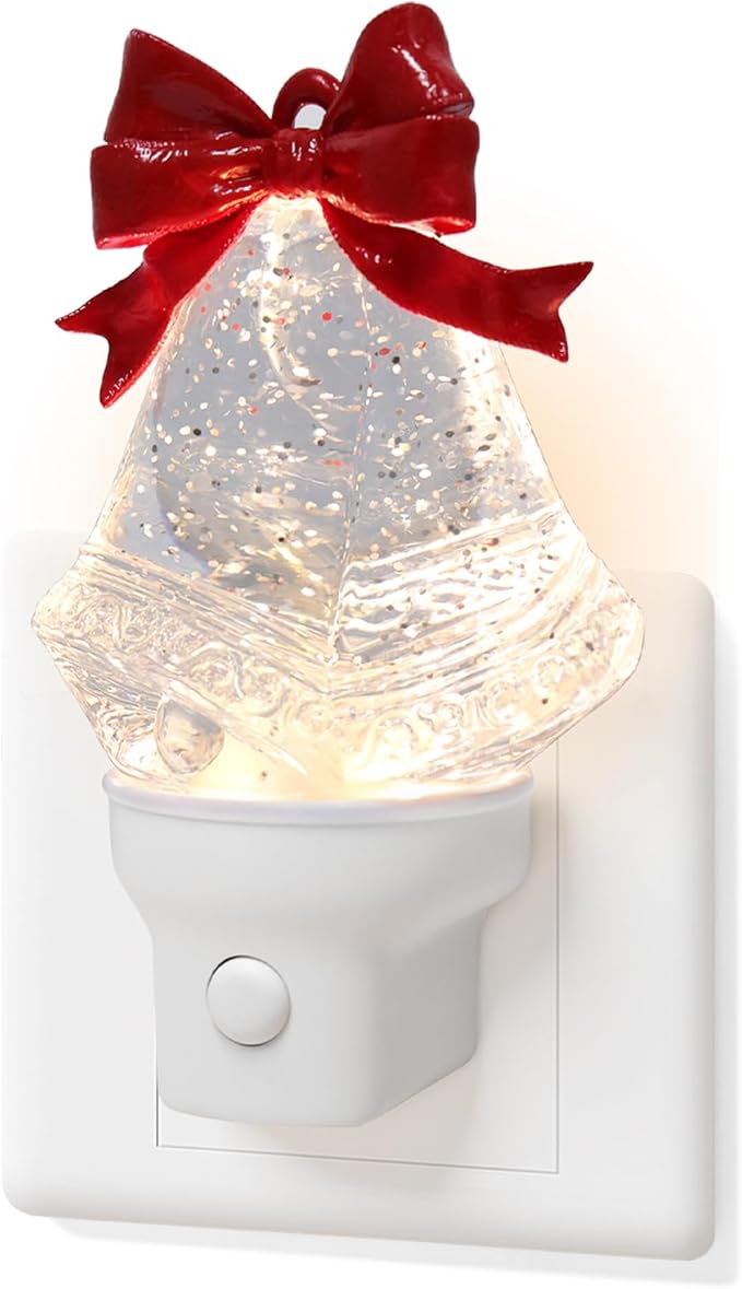 Christmas Bell Night Light Plug into Wall Glitter Water Nightlight with USB/Outlet Options, Christmas Decorative Nightlight for Bedroom Kitchen Nursery Hallway Holiday Decorations Gifts (Bell)