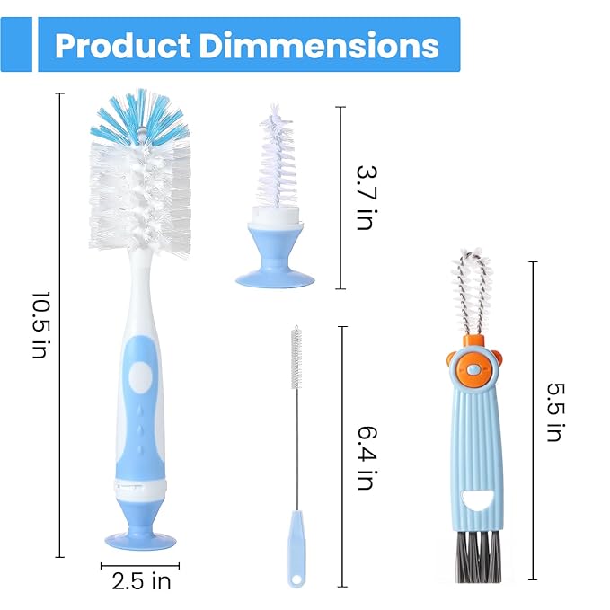 4-in-1 Baby Bottle Brush Set, Bottle Brush for Baby, Bottle Cleaner Brush Set, Including Nylon Bottle Brush, Bottle Cap Brush, Straw Brush, Nipple Brush, BPA-Free (Blue)
