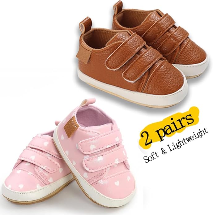 2Pairs Baby Shoes,Boys Girls Non-Slip Rubber Sole Sneakers,Unisex Infant Soft Lightweight First Walking Crib Shoes