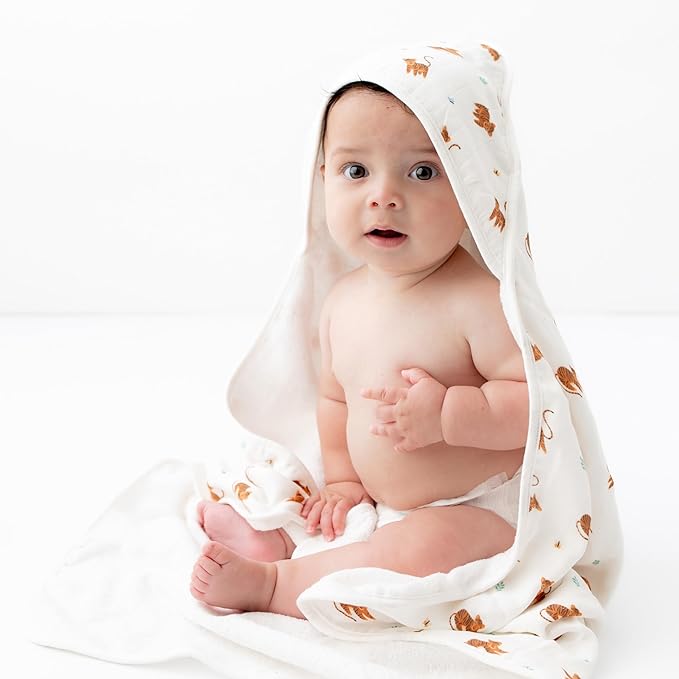 Bamboo Viscose Baby Hooded Towel & Washcloth Set for Babies and Toddlers, Tiger, Soft & Absorbent, 70% Viscose from Bamboo, 30% Cotton Muslin - Imported (Tiger)