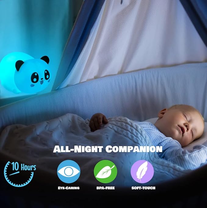 AULTRA Night Light for Kids – 16 Color USB Rechargeable Panda Lamp for Baby Nursery, Soft Silicone Night Light, 2 Brightness Levels, 10-Hour Use, Squishy Puppy Gift for Boys & Girls