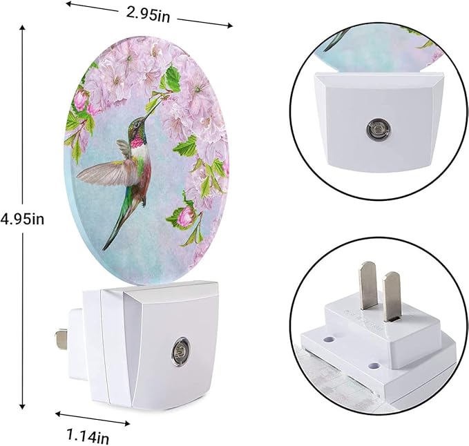 EKOBLA Bird Night Light Spring Hummingbird Pink Flowers Cherry Blossoms Night Lights Plug into Wall Auto on/Off, Indoor Plug-in Wall Light Sleep Friendly for Boys Girls Seniors Elderly