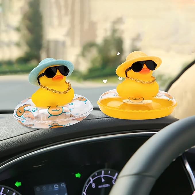 wonuu Car Rubber Duck, Yellow Duck Decoration Dashboard with Sun Hat Swim Ring Necklace Sunglasses for Car Dashboard Decorations