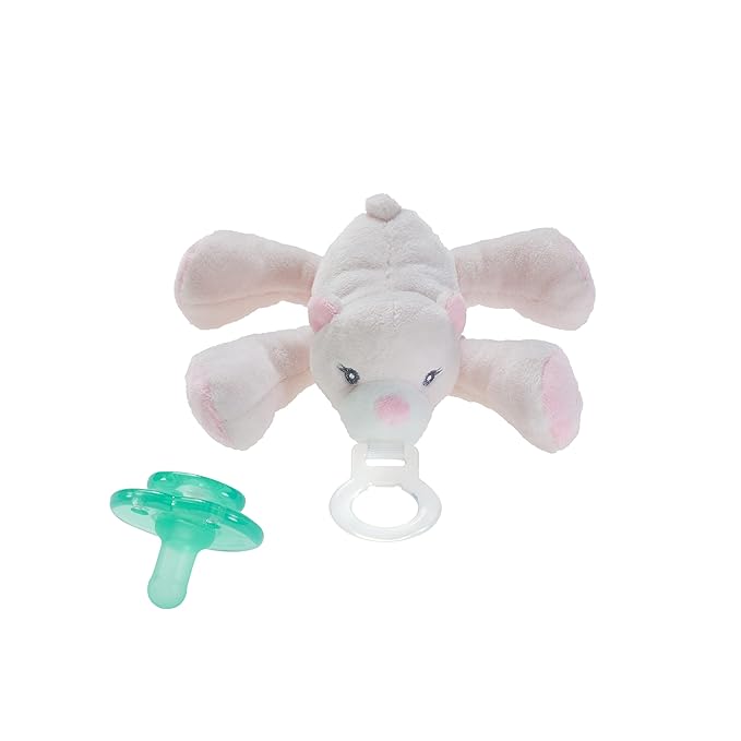Nookums Paci-Plushies Shakies - Pacifier Holder with Built in Rattle (2 in 1)- Adapts to Name Brand Pacifiers, Suitable for All Ages, Plush Toy Includes Detachable Pacifier (Baby Bear - Pink)