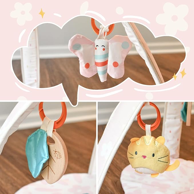 Baby Play Gym & Activity Mat with Light-up Musical Arch, Tummy Time Mat with 6 Detachable Sensory Toys for Motor Skills & Sensory Development, Baby Essentials Shower Gift - Spring Blossoms Themed