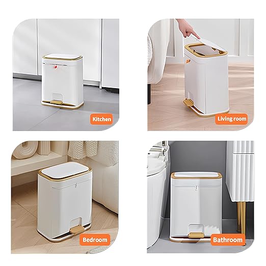 Bathroom Trash Can with Lid, Plastic 3 Gallon Garbage can with Press top Lid Gold Step Pedal Trash can, Narrow White Trash bin for Bathroom, Bedroom, Restroom, Living Room, Office, Dog Proof Trash Can