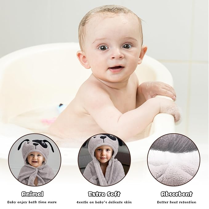 Baby Boy Bath Towels, Animal Hooded Toddler Towel for Boys,50 x 32 Inches,Super Soft Absorbent Premium Coral Fleece Luxuriously Thick for Kids,Grey Puppy