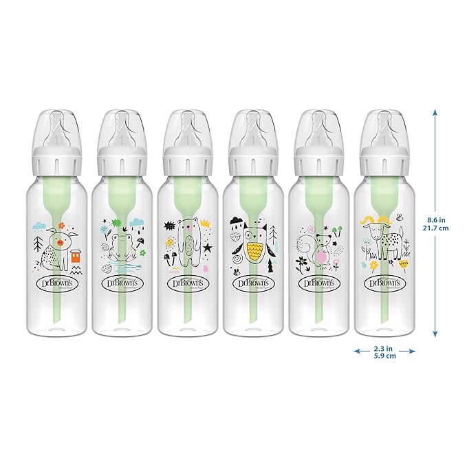 Dr. Brown's Natural Flow Anti-Colic Options+ Narrow Baby Bottle, Pig & Frog, 8 oz/250 mL, with Level 1 Slow Flow Nipple, BPA Free, 0m+, (Pack of 12)