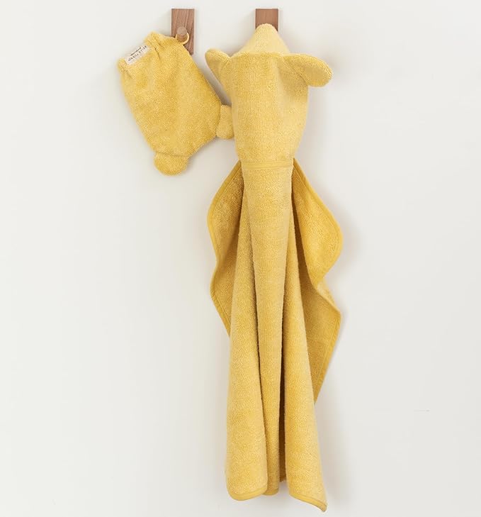 Bella Tunno Baby Bath Towel and Wash Mitt Set – Soft Absorbent Hooded Towels and Mitt-Style Baby Washcloths, Oeko-TEX Certified (Sunshine)